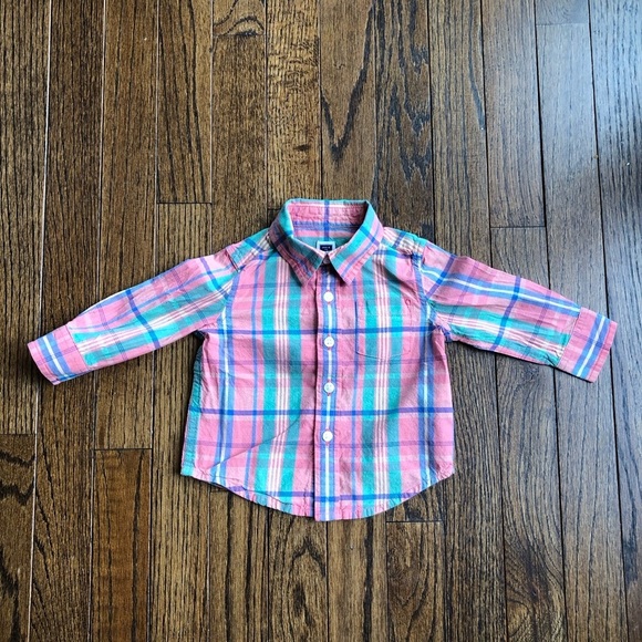 *EUC* Janie and Jack Boys 3-6M Pink/Orange Plaid 100% Cotton Button-Down Shirt - Picture 1 of 8